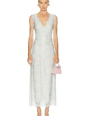 LoveShackFancy Mira Dress Mint Blue and Pink Floral Lace Maxi Dress